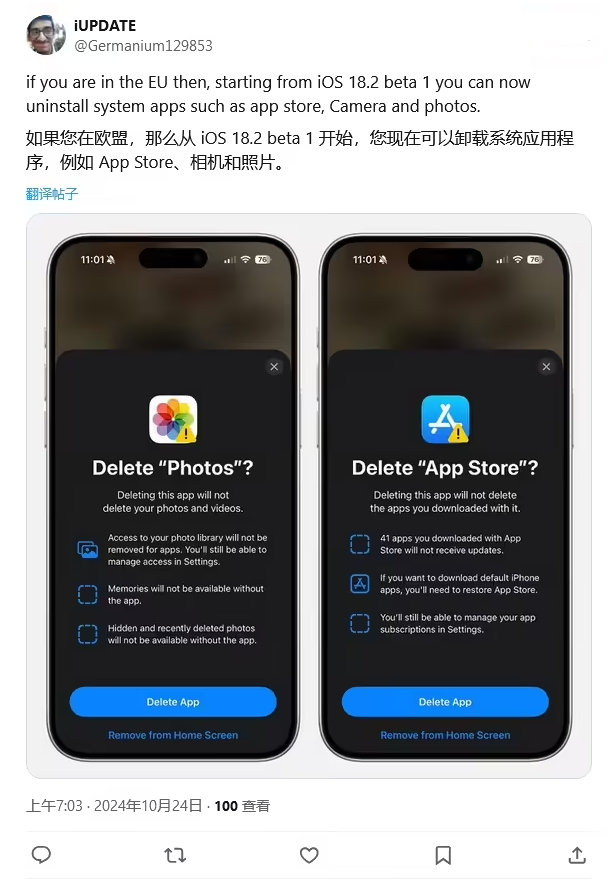 台前苹果手机维修分享iOS 18.2 支持删除 App Store 应用商店 