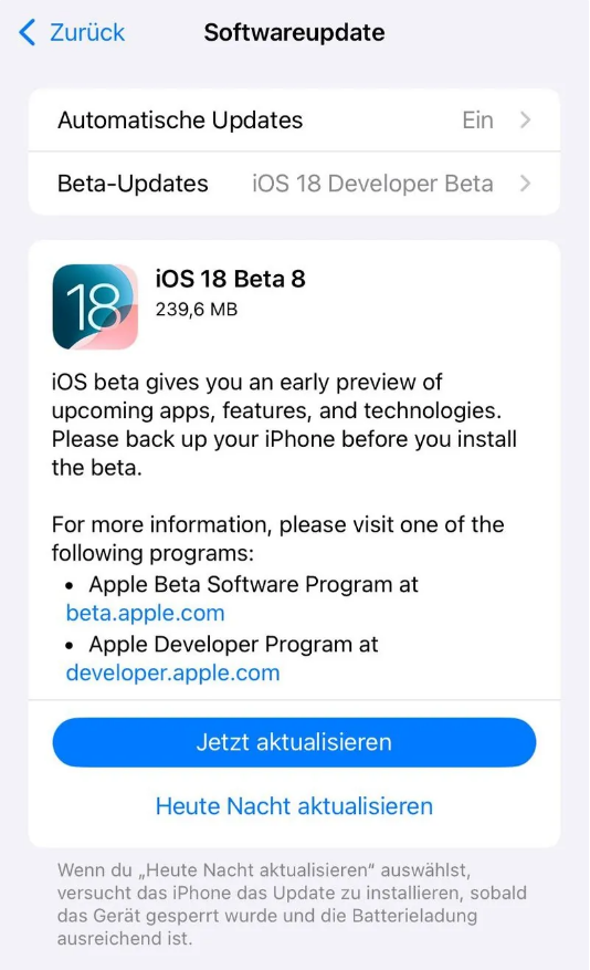 台前苹果手机维修分享苹果 iOS / iPadOS 18 开发者预览版 Beta 8 发布 